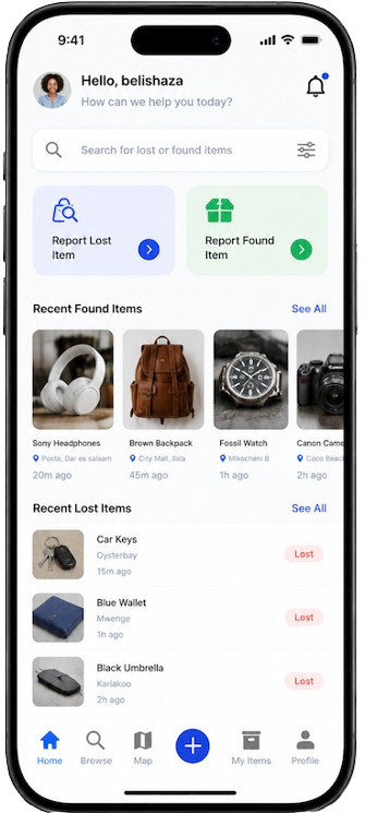 SalamaLink app home screen showing recent lost and found items